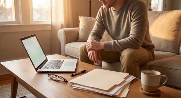 Desk with tax forms and laptop