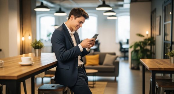 Worker viewing good news on phone