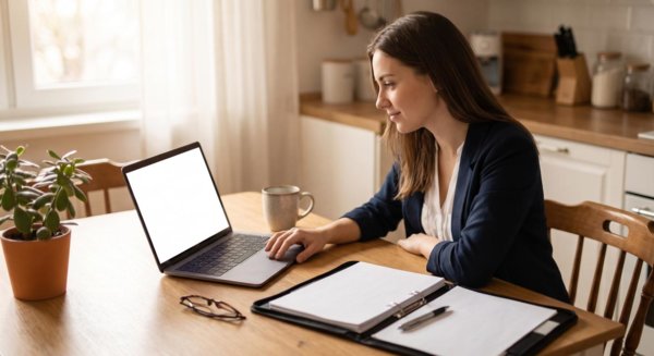 Desk with tax forms and laptop