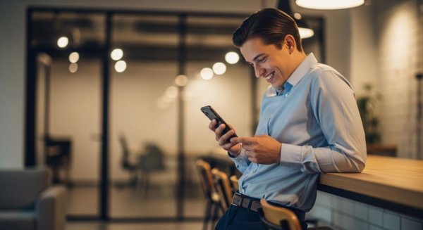 Worker viewing good news on phone