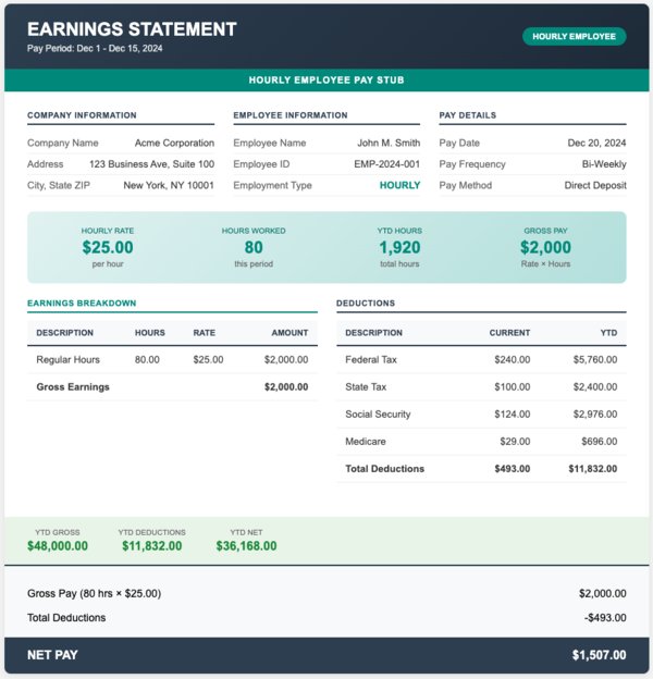 Hourly Paystub Template