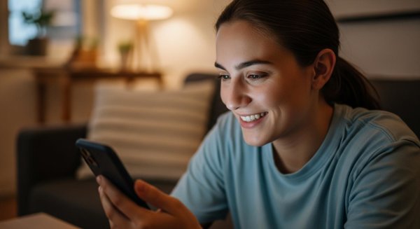 Person happy viewing phone notification