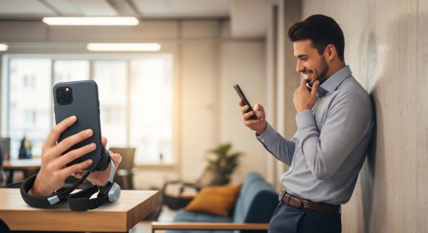 Worker viewing good news on phone