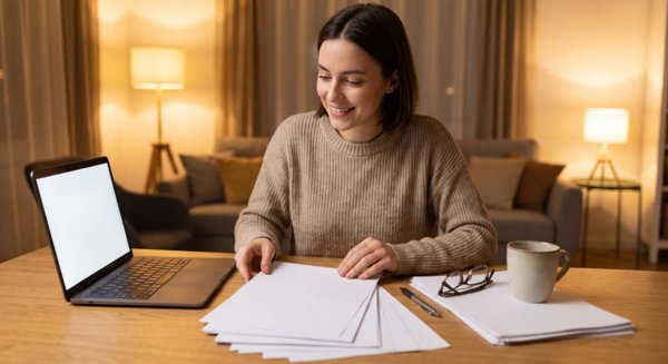 Desk with tax forms and laptop