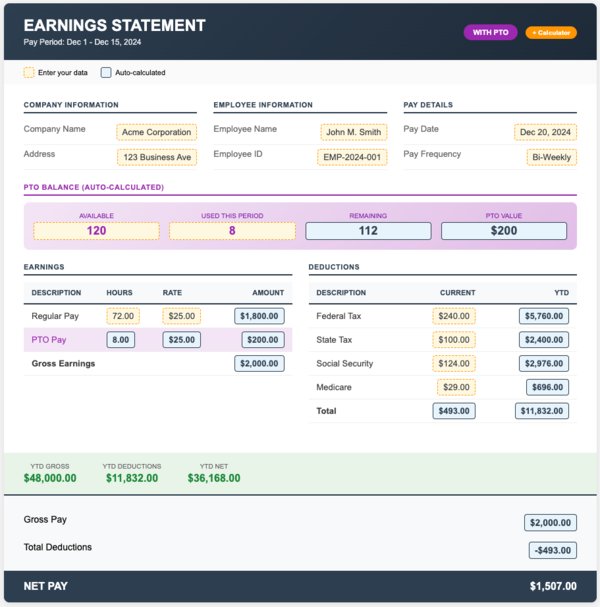 template with pto and calculator