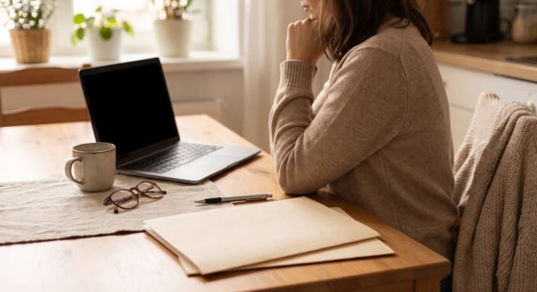Desk with tax forms and laptop