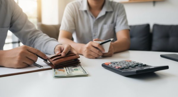 Wallet and calculator on desk