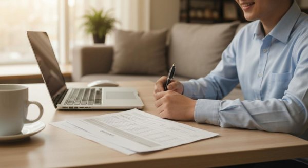 Clean workspace with laptop and documents