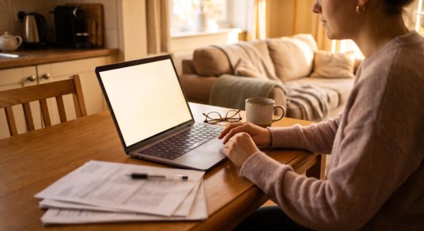 Desk with tax forms and laptop
