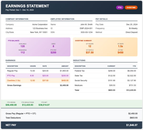 paystub template with pto & overtime