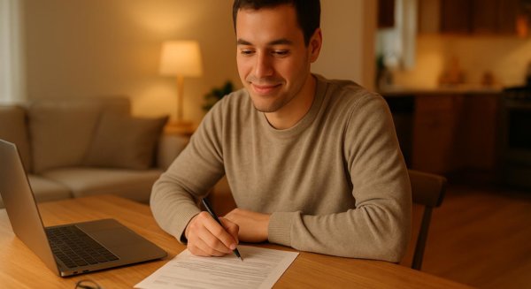 Desk with tax forms and laptop