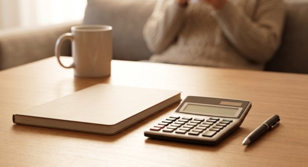 Desk with financial document and calculator