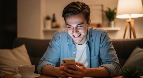 Person happy viewing phone notification