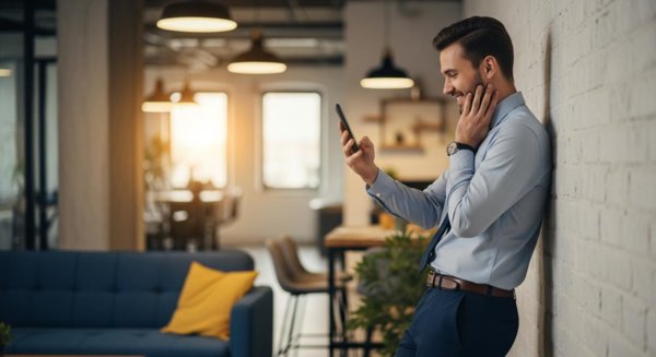 Worker viewing good news on phone