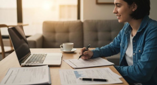 Clean workspace with laptop and documents