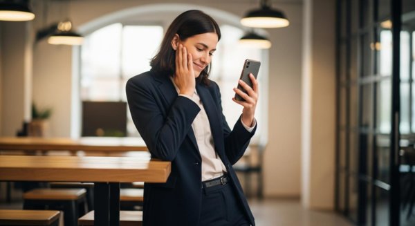 Worker viewing good news on phone