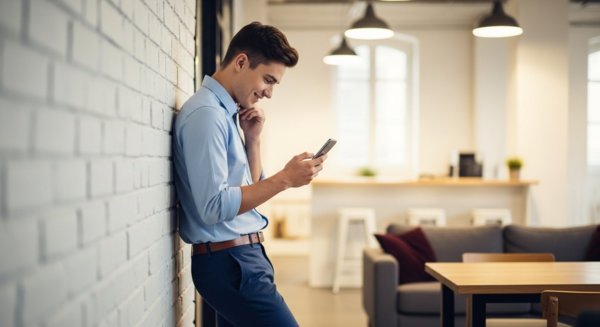 Worker viewing good news on phone