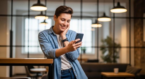 Worker viewing good news on phone