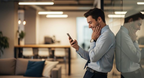 Worker viewing good news on phone