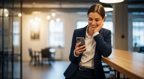 Worker viewing good news on phone