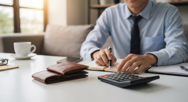 Wallet and calculator on desk