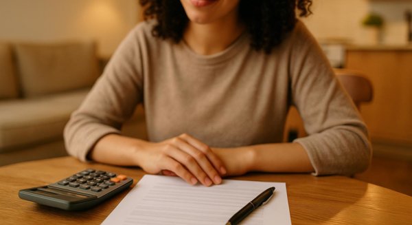 Desk with financial document and calculator