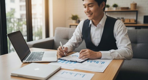 Clean workspace with laptop and documents