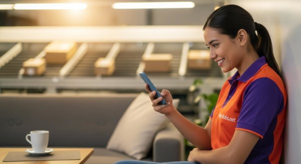 Worker viewing good news on phone