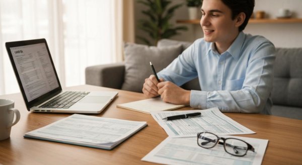 Desk with tax forms and laptop